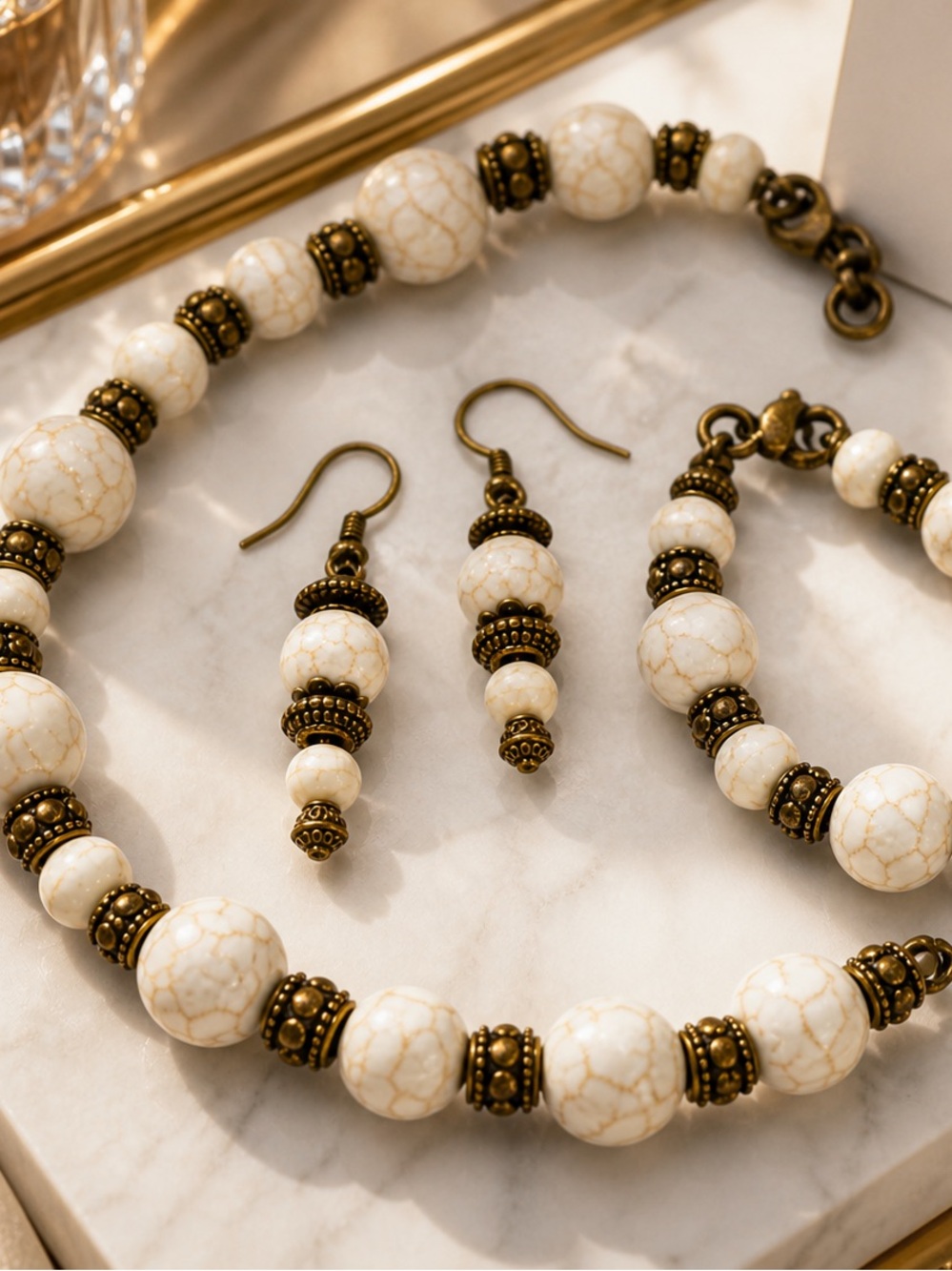 Howlite Stone Jewelry Set Necklace Bracelet Earrings Vintage Gold Boho Elegant